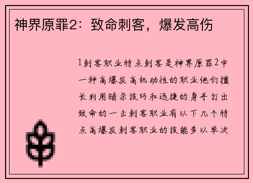 神界原罪2：致命刺客，爆发高伤